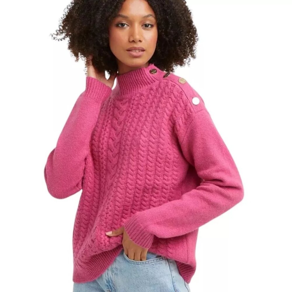 Raspberry Pink Cable Knit Turtleneck Sweater